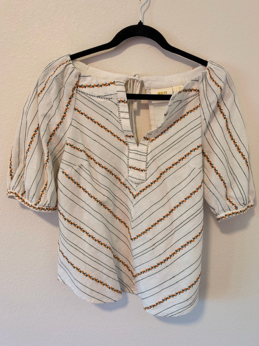 Anthropologie White 100% Cotton Peasant Puff Blouse Lemon Fruit Embroidered